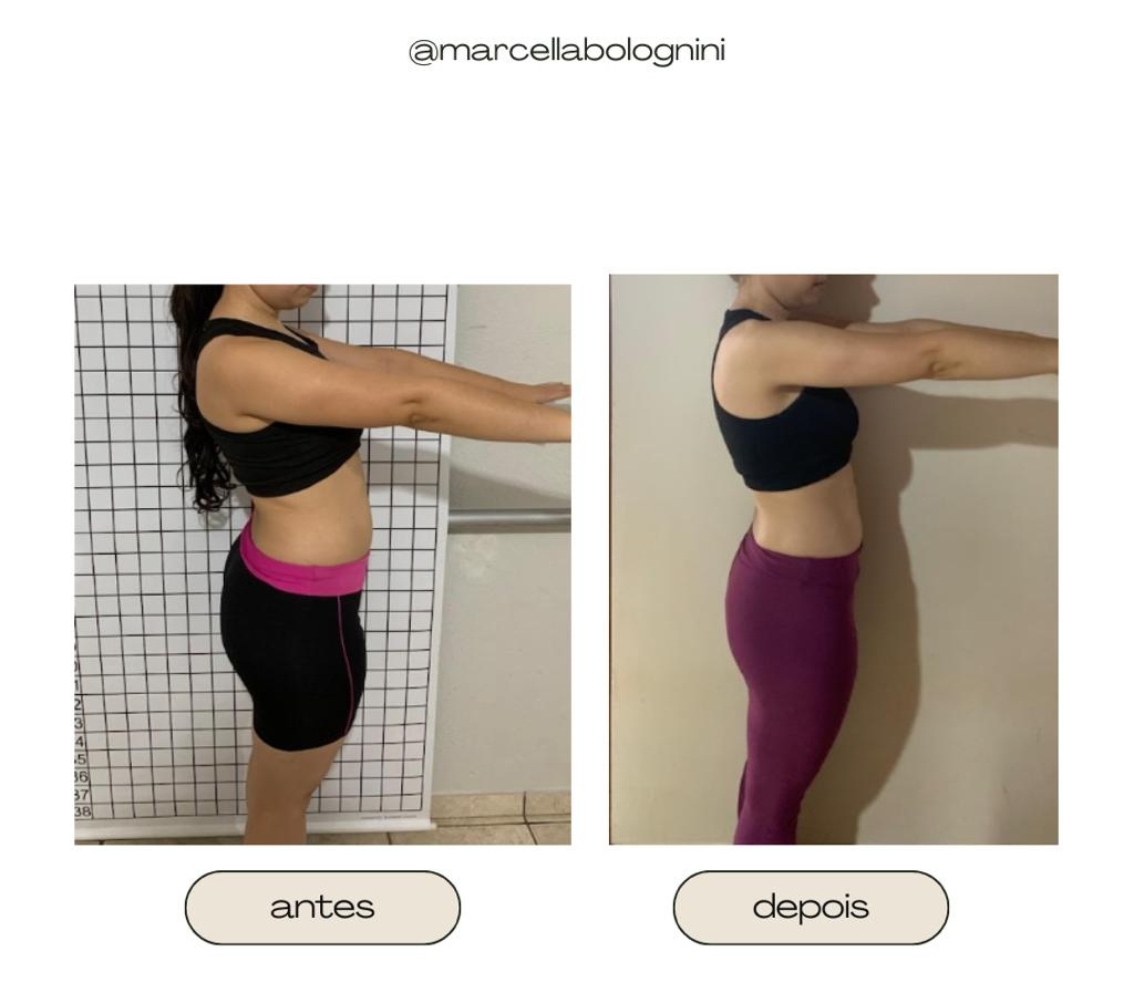 Antes e depois de aluna mostrando redução de medidas na cintura