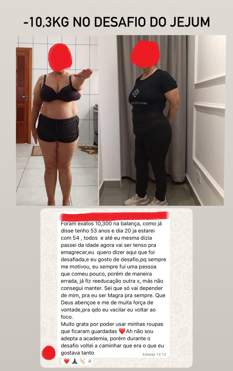 Antes e depois com relato de aluna de 53 anos que perdeu 10,3 kg