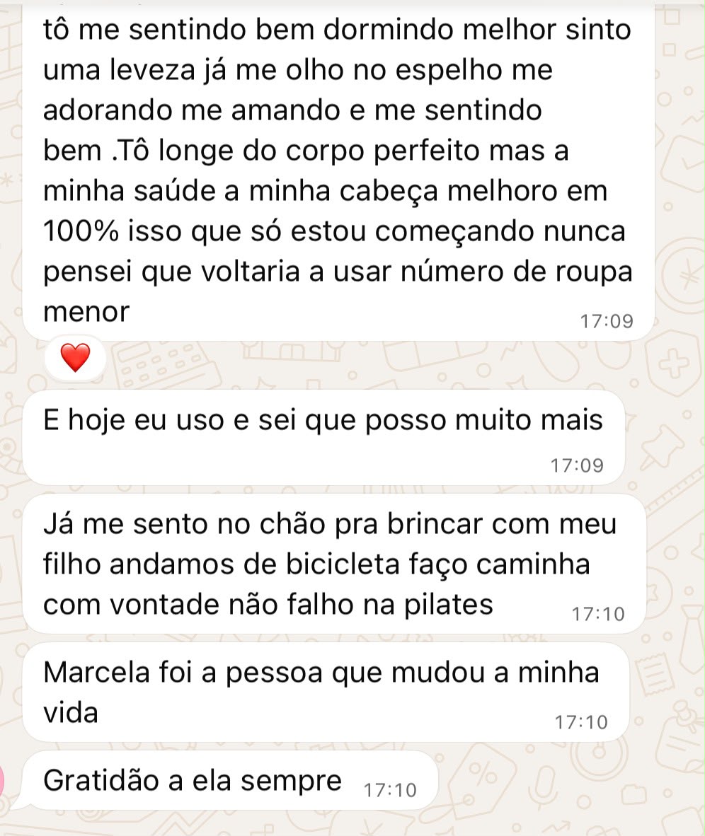 Print de conversa: aluna relata dormir melhor, mais leveza e roupa menor