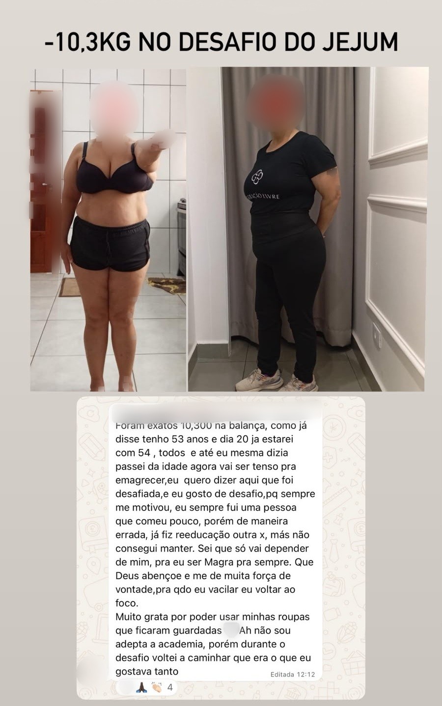 Antes e depois com relato de aluna de 53 anos que perdeu 10,3 kg