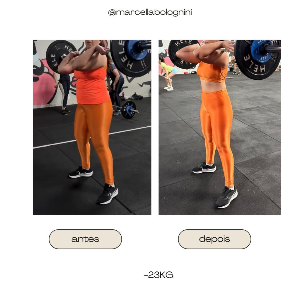 Antes e depois de aluna que perdeu 23 kg mantendo os treinos
