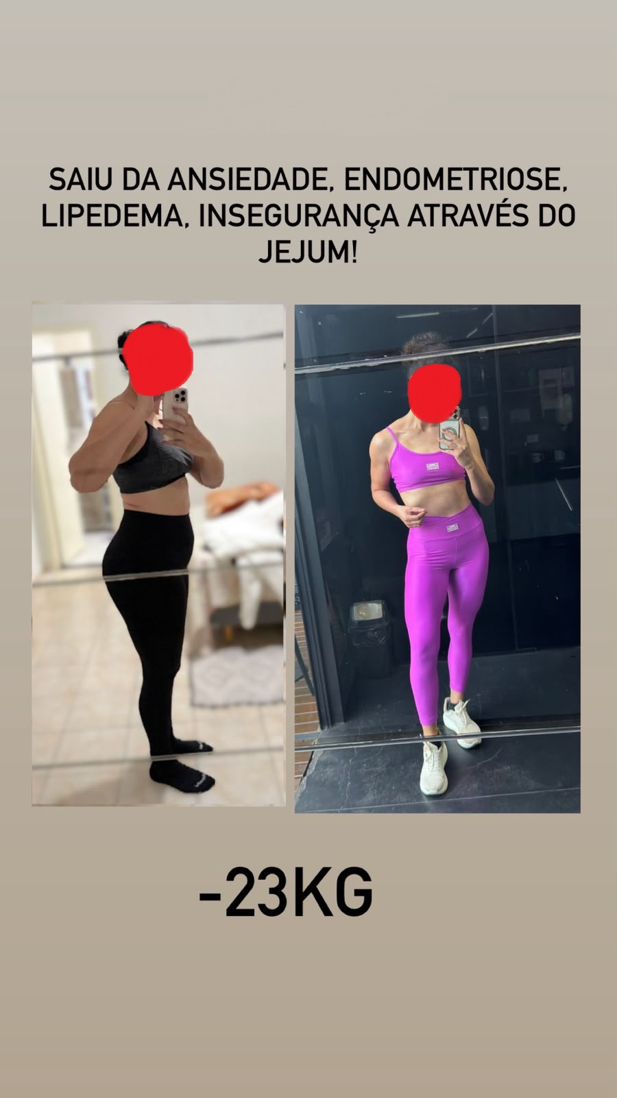 Antes e depois de aluna que perdeu 23 kg com o protocolo do jejum