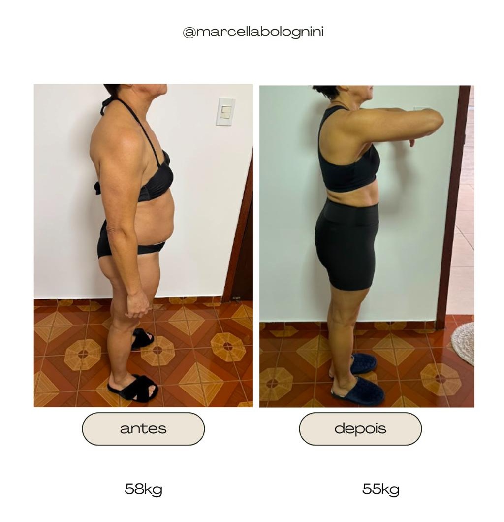 Antes e depois de aluna que foi de 58 kg para 55 kg