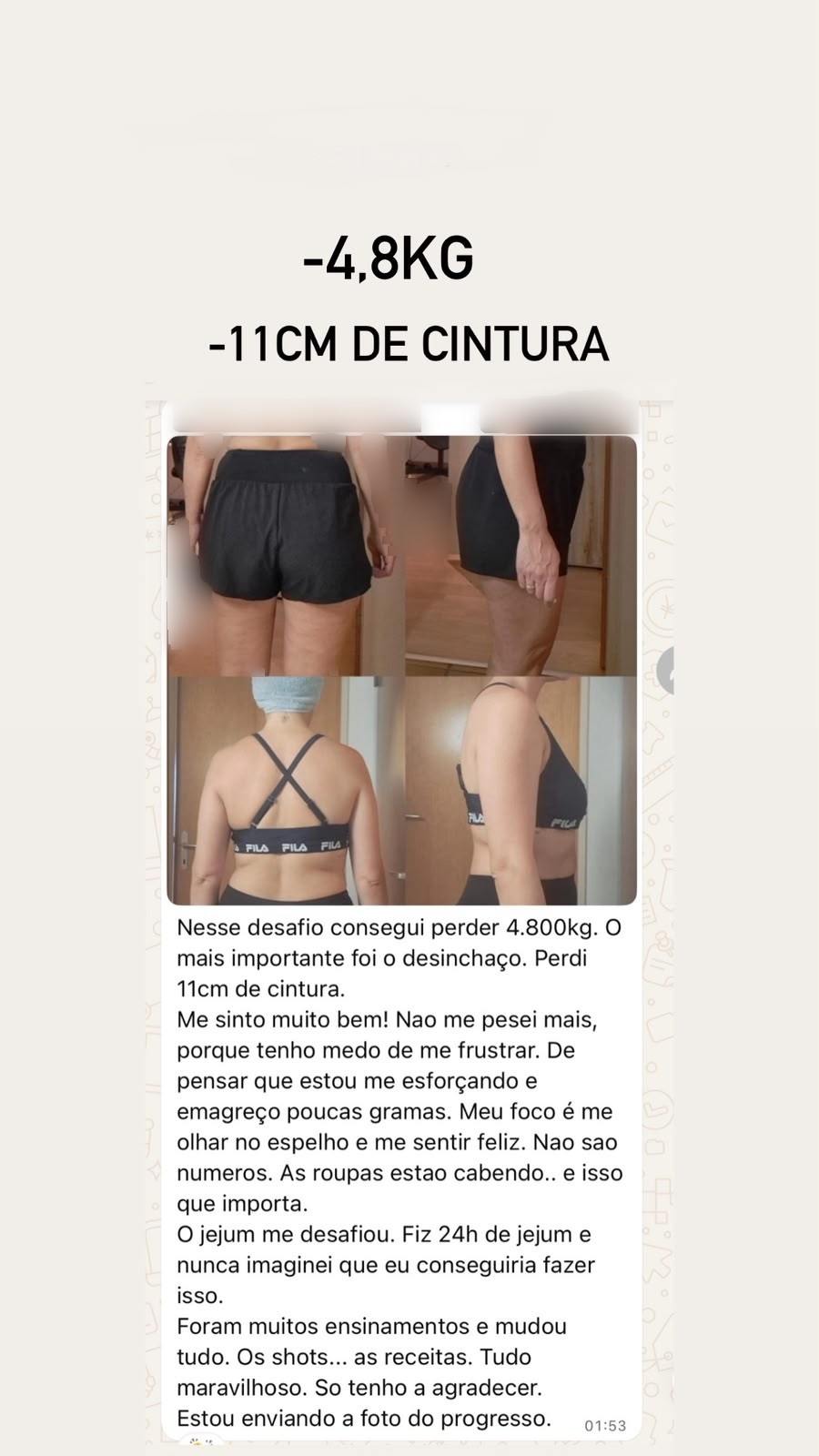 Print de mensagem: aluna perdeu 4,8 kg e 11 cm de cintura, com fotos de progresso