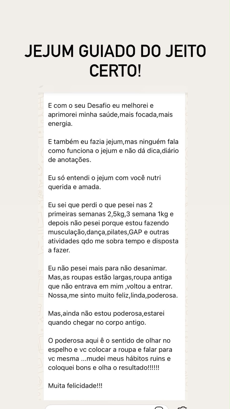Relato de aluna sobre entender o jejum, mais foco e mais energia