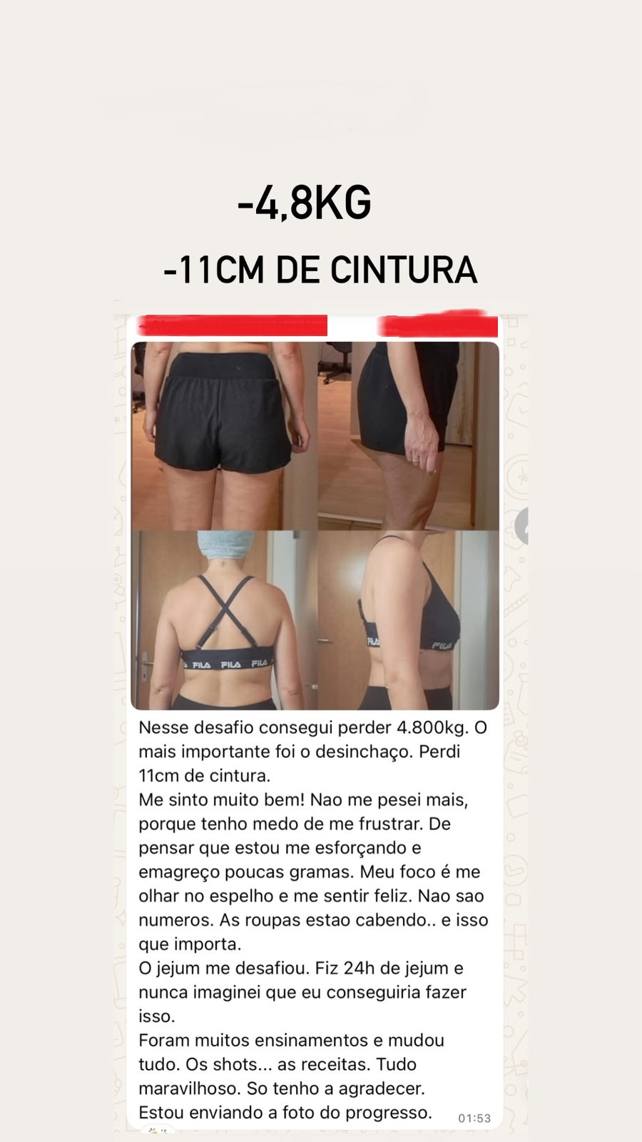 Print de mensagem: aluna perdeu 4,8 kg e 11 cm de cintura, com fotos de progresso