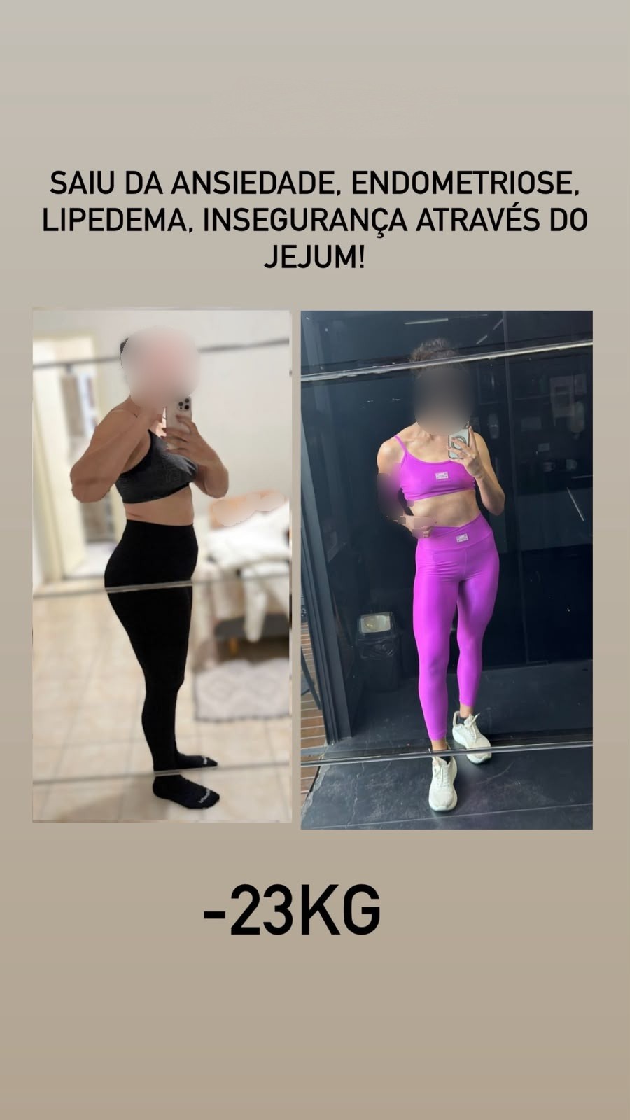 Antes e depois de aluna que perdeu 23 kg com o protocolo do jejum
