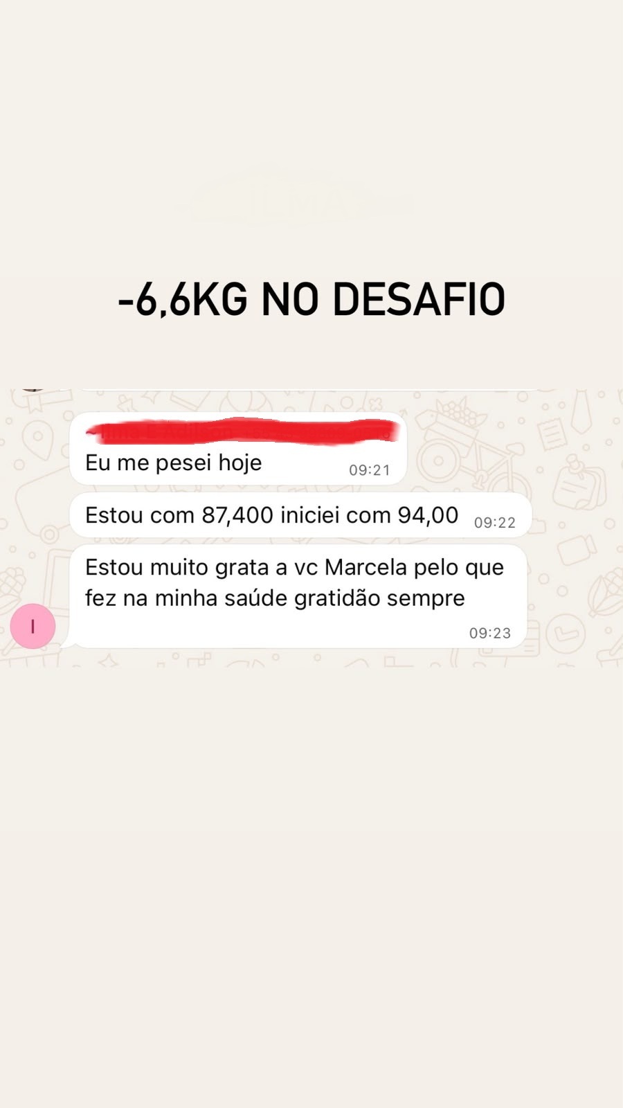 Print de conversa: aluna saiu de 94 kg para 87,4 kg