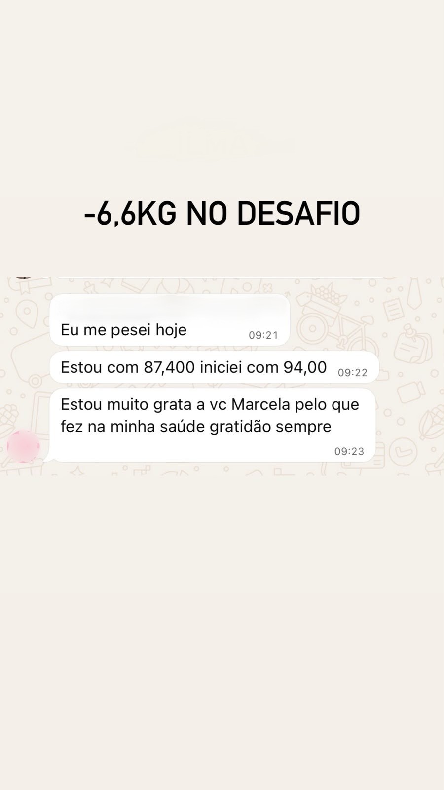 Print de conversa: aluna saiu de 94 kg para 87,4 kg