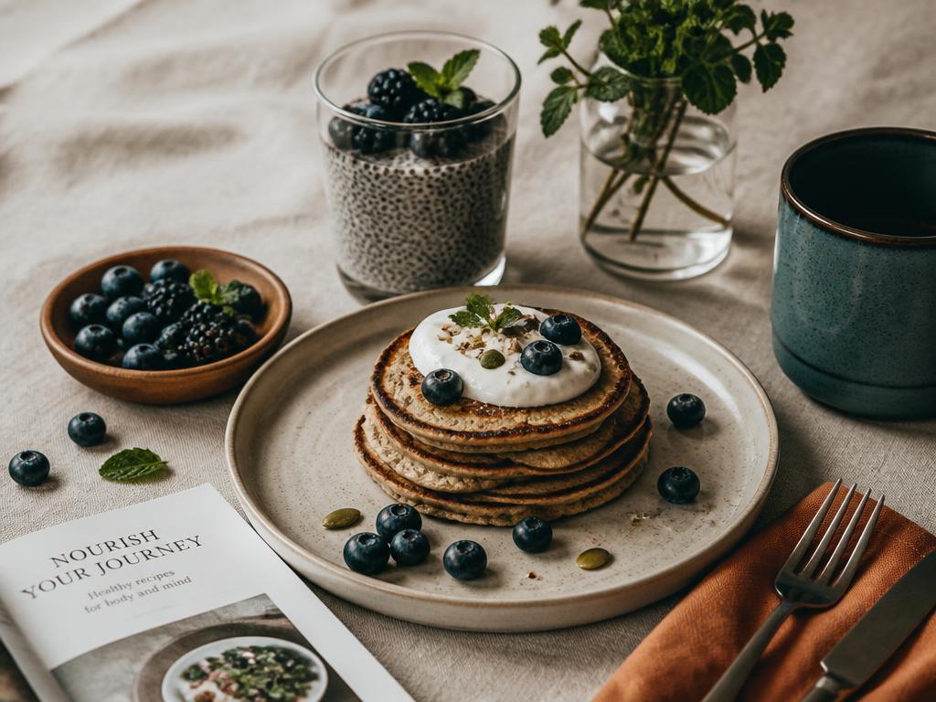 Mesa posta com panquecas proteicas, frutas vermelhas e chia