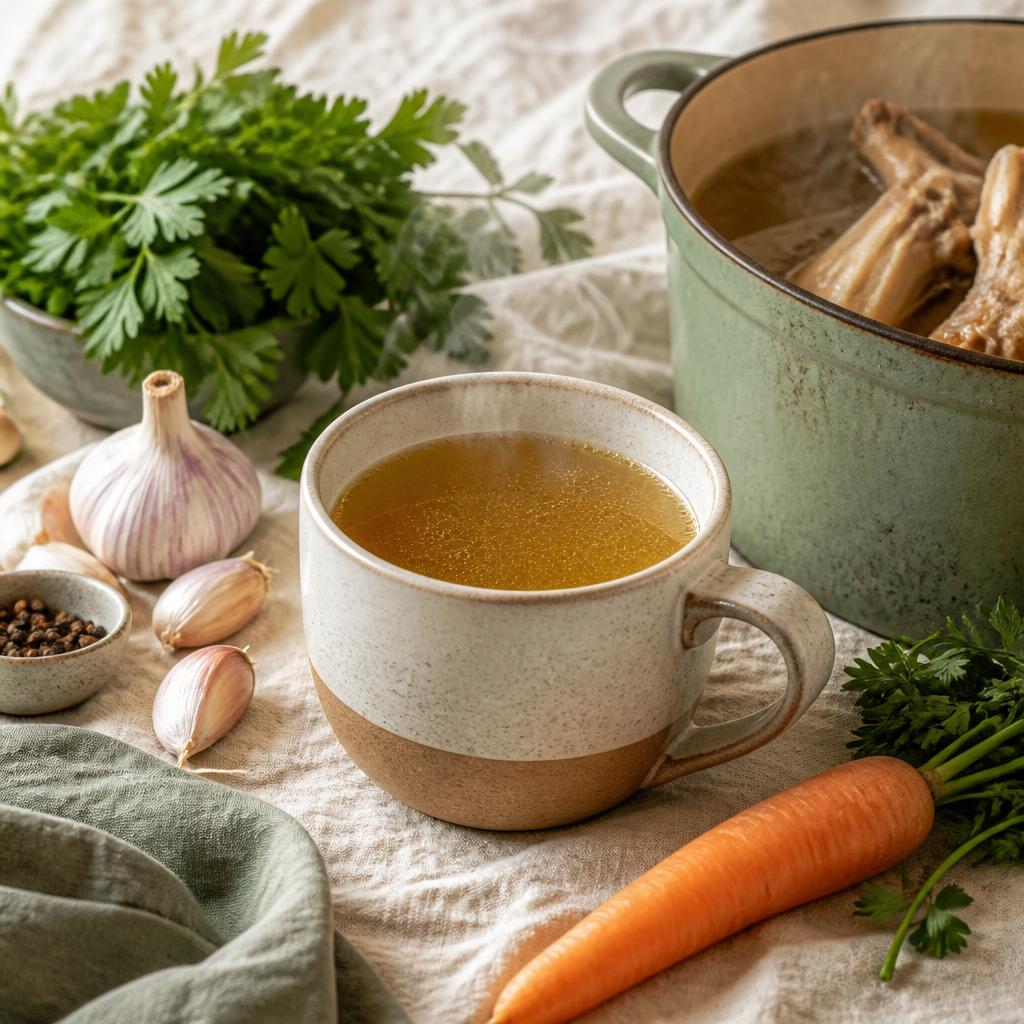 Caneca de caldo de ossos quente com salsinha, alho e cenoura