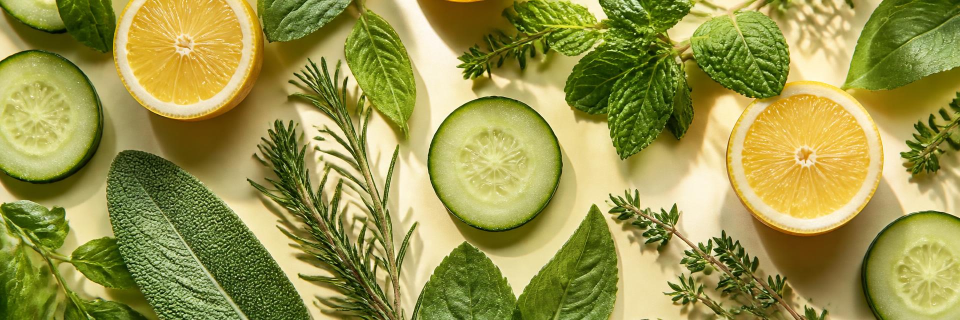 Folhas verdes, ervas frescas, pepino e limão sobre fundo creme