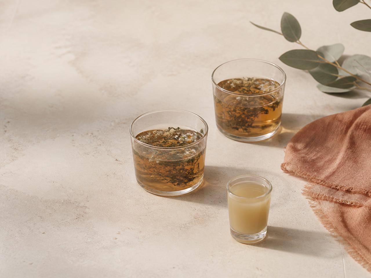Shots funcionais em copos de vidro com limão e gengibre