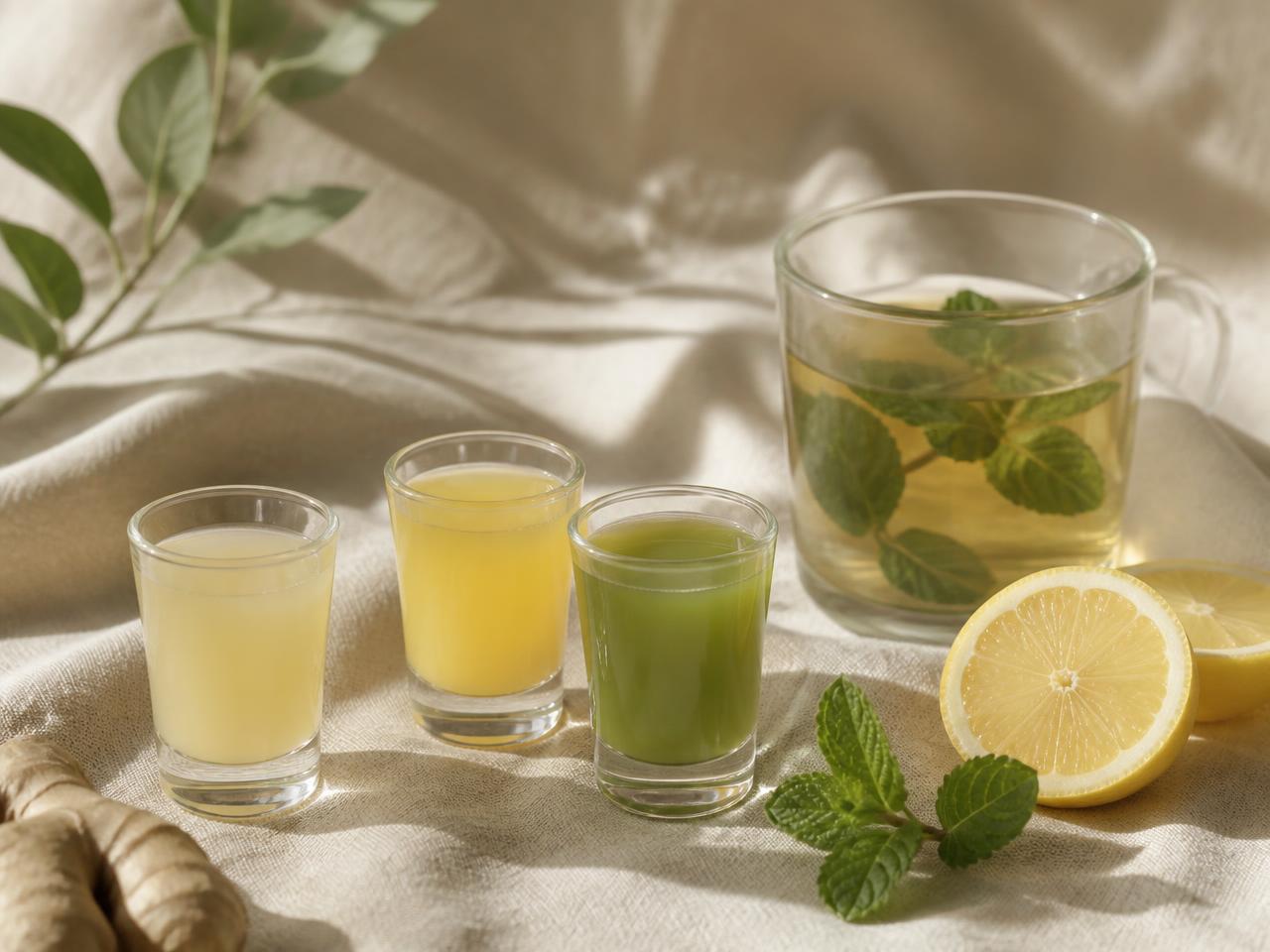 Shots funcionais em copos de vidro com limão e gengibre